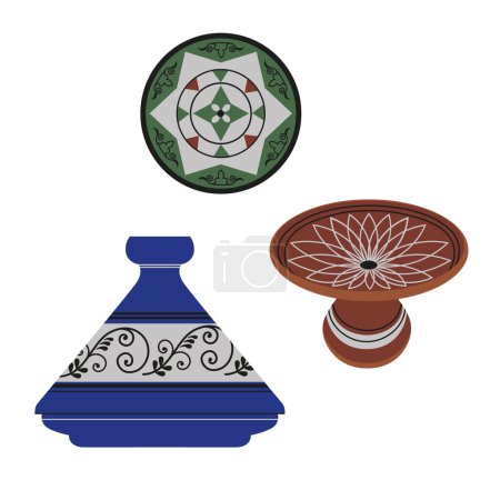 Cerámica de arcilla oriental marroquí o árabe, tajina de comida al vapor, platos hechos a mano. Ollas de cocina tradicional en estilo de dibujos animados, ilustración vectorial fondo aislado. Diseño para icono, papel, logotipo, tarjeta