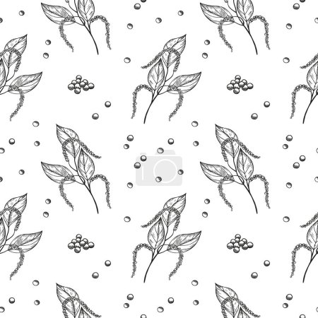 Illustration for Pepper spice seamless pattern, engraved sketch vector illustration. Repeating texture background with peppercorns condiment, pepper plants. Food ingredient, cooking. Design for label, wrapping, paper - Royalty Free Image