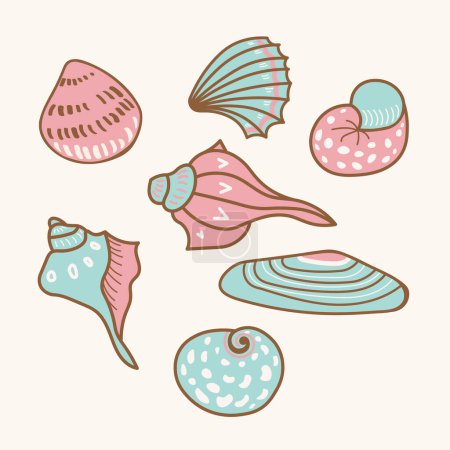 Conjunto de conchas marinas ilustración vector de dibujos animados. Colección decorativa dibujada a mano de bocetos de varias conchas de mar de moluscos en diferentes formas. Elemento de diseño para impresión, logotipo, folleto, tarjeta, póster, papel