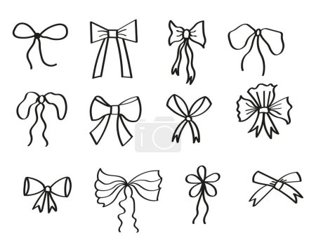 Bow of various set cartoon bow knots, gift ribbons. Hand drawn vector sketch with trendy hair braiding accessory, gift decoration on isolated background. Design element for congratulation, birthday