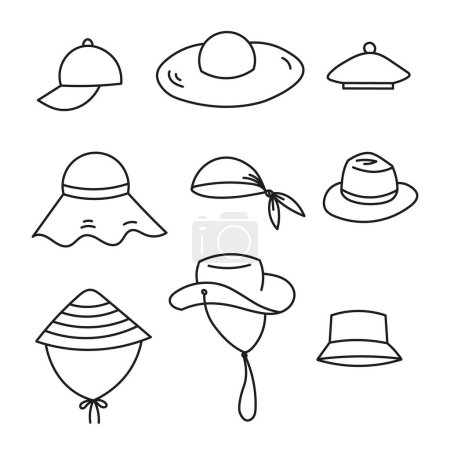 Illustration for Summer hats hand drawn vector accessories  isolated background. Cap, panama, bandana, beret, baseball, gentlemen bowler, women straw hat, head protection doodle set. Line art illustration for design - Royalty Free Image