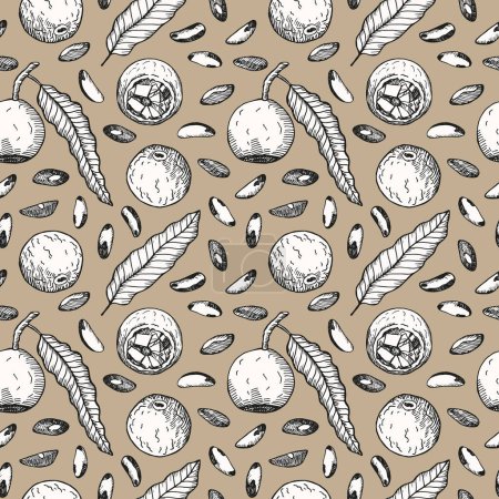 Brazilian Nut seamless background. Hand drawn sketch repeating pattern with engraved nuts, leaf, flower, fruit, branch. Organic product, food, oil. Design for card, print, paper, textile, packaging