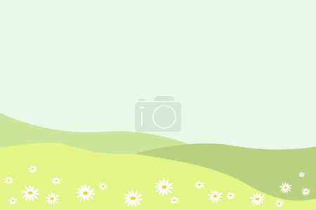 Illustration for Banner with sunlit meadow with daisy flowers, cartoon landscape. Vector Illustration of summer or spring background for text. Template for design, backdrop, print, paper, card, flyer - Royalty Free Image
