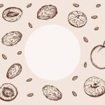Dried fruits banner frame design vector illustration. Engraved vintage dehydrated fruits, oriental dried dessert with fig, apricot, dates, prune, raisin. Food graphic for template, menu, card, sign
