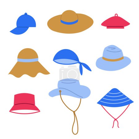 Unterschiedliche Hüte handgezeichnet Vektor Sommer Accessoires isolierten Hintergrund. Mütze, Panama, Kopftuch, Baseball, Herren Melone, Frauen Strohhut, Kopfschutz-Set. Illustration des Cartoon-Stils