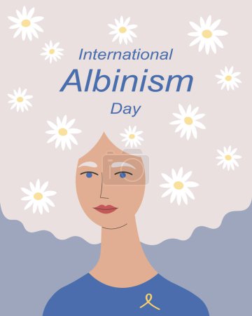 International Albinism awareness day hand drawn vector illustration. Observed every year June 13. Card with cartoon women with white hair, yellow ribbon, flowers. Background for design, print, paper
