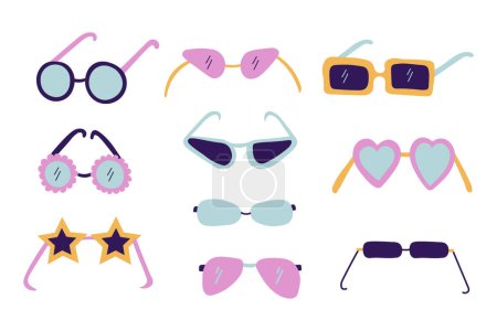 Illustration for Sunglasses cartoon set hand drawn vector illustration on isolated background. Various glasses colors summer fashion accessories, sun protection concept. Design elements for print, paper, poster, card - Royalty Free Image