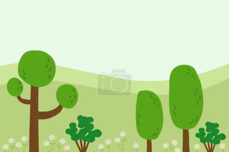 Illustration for Floral background card hand drawn cartoon banner landscape field with blooming wildflowers, daisies, trees, plants, green grass flat vector illustration green motif. Template floret design backdrop - Royalty Free Image