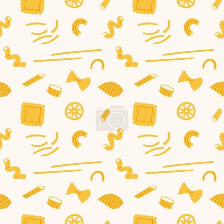 Ilustración de Tallarines de diferentes tipos Pasta en patrón sin costura dibujado a mano ilustración vectorial de dibujos animados. Repetir el fondo con productos de harina de trigo en estilo de dibujos animados. Macarrones, lasaña, rigatoni. Comida italiana - Imagen libre de derechos