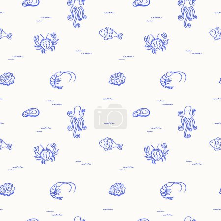 Seafood seamless pattern hand drawn vector illustration. Repeating background with fish, oysters, mussels, crab, lobsters, marine motif. Decorative blue ornament