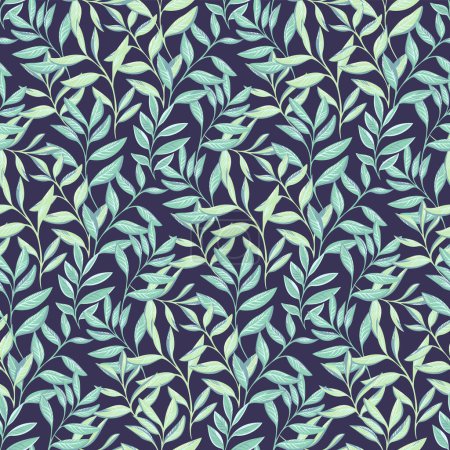 Foto de Hojas verde pastel tallo patrón sin costura sobre un fondo oscuro. Impresión de hojas de ramas abstractas, tropicales, modernas y ornamentadas. Vector dibujado a mano. Diseño para tela, moda, papel pintado, textil - Imagen libre de derechos