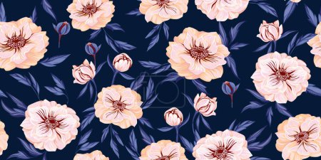 Seamless pattern with graphic spring flowers and leaves.  Ranunculus, Trollies Asiatics flower, Globe flower vector hand drawn. Template for textile, fashion, print, surface design, interior decor, wallpaper