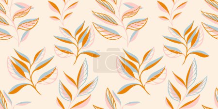 Seamless pattern with hand drawn vector stem leaves. Simple, tropical, minimalist leaf branches print. Template for design, textile, fashion, print, surface design, fabric