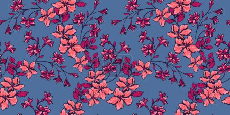 Beautiful seamless illustration of a wild blooming floral pattern on a blue back. Eleagant, femenive bright flowers, branches leaves print. Vector hand drawn. Template for design, textile, fashion, fabric, wallpaper,