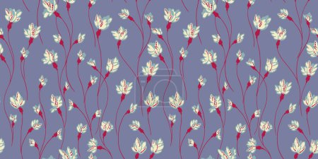 Seamless retro creative gently branches flowers pattern. Vector hand drawn sketch. Abstract simple floral printing on a blue background. Design for fashion, fabric, textile, wallpaper, s