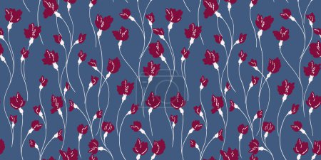 Nahtlos einfache kreative Zweige ditsy Blumen in einem Muster verflochten. Abstrakter niedlicher floraler Druck auf blauem Hintergrund. Handgezeichnete Vektorskizze. Design für Mode, Textil, Stoff, Tapete, Oberflächengestaltung