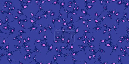 Abstract simple floral seamless pattern. Vector hand drawn sketch. Creative tiny branches and drops printing. Trendy vibrant blue background. Design for fashion, textile, fabric, wallpaper, surface design,