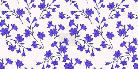 Ilustración de Elegante, suave, azul, flores ramas patrón sin costuras. Vector dibujado a mano. Estampado floral salvaje estilizado. Plantilla para diseño - Imagen libre de derechos