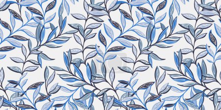 Vector hand drawn abstract, modern blue leaves branches seamless pattern. Creative leaf foliage tapestry background. Stylized tropical botanical print. Template for textile, fashion, surface design, fabric, wallpaper