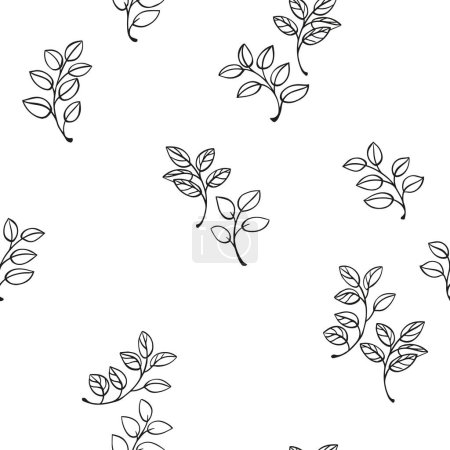 Vector dibujado a mano boceto garabato ramas hojas patrón sin costuras. Textura en blanco y negro. Impresión simple abstracta del tallo de la hoja botánica. Plantilla para la moda, diseño de superficies, tela, papel pintado