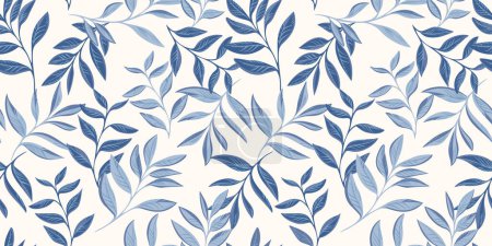 Foto de Vector hand drawn blue leaves stem intertwined in a seamless pattern. Abstract, creative, tropical shape leaf branches print. Template for design, textile, fashion, surface design, fabric, interior decor, wallpaper - Imagen libre de derechos