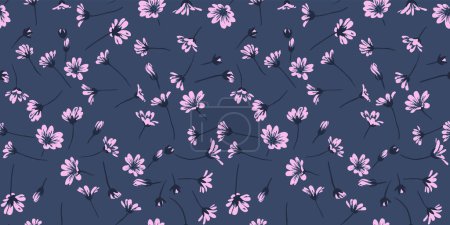 Ilustración de Elegancia patrón floral simple sobre un fondo azul oscuro. Dibujo dibujado a mano vectorial. Creativa forma pequeña flores silvestres impresión. Diseño para moda, tela y textiles. - Imagen libre de derechos