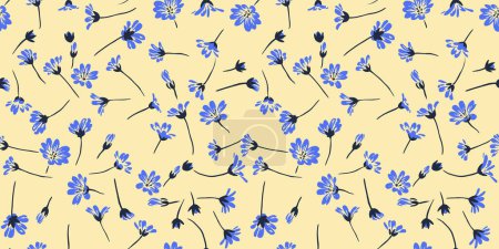 Ilustración de Arte azul simple patrón floral minúsculo sobre un fondo amarillo. Dibujo dibujado a mano vectorial. Impresión creativa de flores silvestres. Diseño para moda, tela y textiles. - Imagen libre de derechos