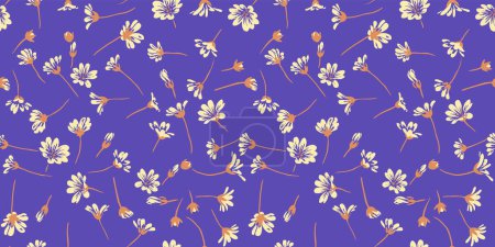 Ilustración de Patrón floral simple de verano vibrante sobre un fondo violeta. Dibujo dibujado a mano vectorial. Creativa forma pequeña flores silvestres impresión sin costuras. Diseño para moda, tela y textiles. - Imagen libre de derechos