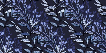 Illustration for Seamless pattern with modern, abstract large leaves and silhouettes branches. Vector hand drawn. Stylized shape floral leaf printing. Dark blue creative botanical background. Template for design - Royalty Free Image