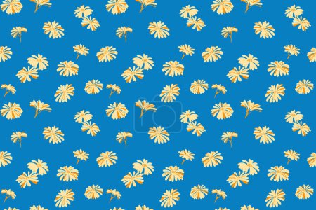 Ilustración de Flores amarillas simples creativas brillantes patrón sin costuras sobre un fondo azul. Vector dibujado a mano garabato. Moda impresión floral de verano. Plantilla para diseño, ornamento, moda, textil, tela - Imagen libre de derechos