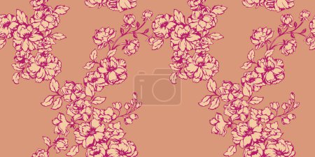 Foto de Colorido patrón floral estilizado rosa sin costuras sobre un fondo beige. Ramas artísticas abstractas flores con brotes hojas de impresión. Vector ilustración dibujada. Plantilla para diseño, moda, tela - Imagen libre de derechos