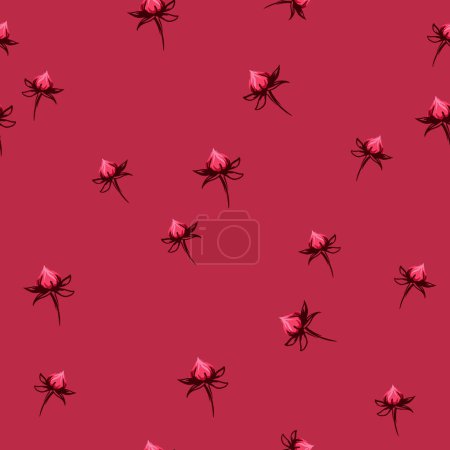 Foto de Patrón minimalista sin costuras con brotes de flores de rosas. Pintura floral abstracta simple sobre fondo borgoña. Dibujo dibujado a mano vectorial. Diseño para impresión, tela, moda, textil - Imagen libre de derechos