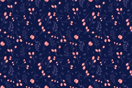 Foto de Patrón inconsútil púrpura oscuro con creativas pequeñas ramas de bayas lindas, siluetas de hojas, formas lunares, gotas, manchas. Dibujo dibujado a mano vectorial. Plantilla para diseño, impresión, textil, tela - Imagen libre de derechos