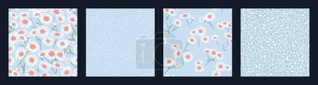 Collage pastel blue of set seamless patterns chamomiles ditsy flowers. Vector hand drawn sketch. Stylized abstract branches daisy flowers printing with simple random spots, polka dots.