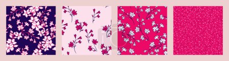 Bright collage of set seamless patterns with abstract stylized blossoms wild flowers. Vector hand drawn sketch silhouettes gently floral stems, shapes random spots, polka dots. Templates for design
