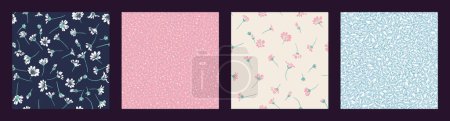 Foto de Collage rosa pastel de los patrones sin costura conjunto con flores de margarita abstractas simples. Vector dibujado a mano forma de boceto, siluetas suavemente floral, manchas aleatorias, lunares. Plantillas para el diseño - Imagen libre de derechos