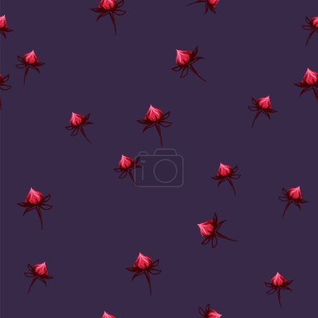 Foto de Patrón minimalista sin costuras con brotes artísticos abstractos rosa, capullos de rosa. Estilizado rojo flores pequeñas simples impresión sobre un fondo azul oscuro.Vector boceto dibujado a mano.Plantilla para diseños, collage - Imagen libre de derechos
