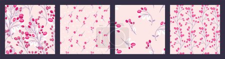 Pastel light pink collage of set seamless patterns with creative, abstract branches tiny leaves and stylized shapes berries, drops, spots. Vector hand drawn sketch. Templates for design, printing
