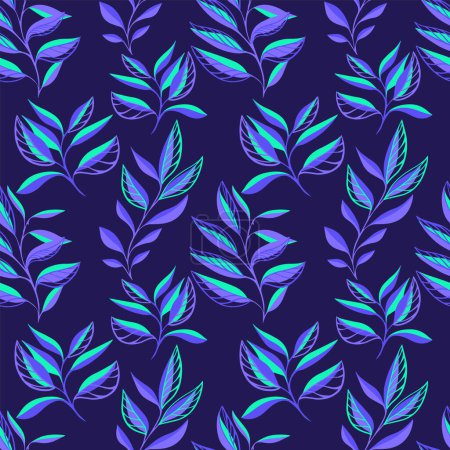Foto de Moderno patrón inconsútil violeta brillante con hojas abstractas minimalistas creativas ramas. Vector dibujado a mano boceto siluetas hoja sobre un fondo azul oscuro. Plantilla Collage para imprimir, estampada - Imagen libre de derechos