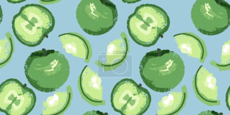 Seamless pattern with abstract green fruits apples and apple slices on o blue background . Stylized, creative vector hand drawn sketch. Shape apple textured print. Collage for designs, patterned
