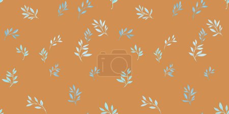 Abstract simple tiny leaves seamless pattern is randomly scattered. Vector hand drawn. Minimalist isolate blue leaf stems background. Template for designs, textile, printing