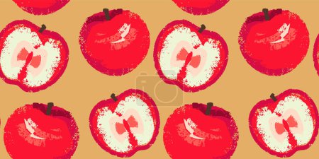 Colorful seamless pattern with vector hand drawn sketch apple and apple slices. Summer abstract printing with texture shapes apples. Collage template for design, fabric,