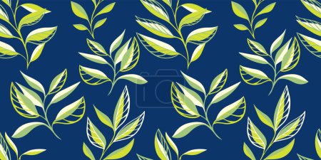Trendy seamless pattern with tropical, minimalist, stylized green leaves stem. Vector hand drawn sketch. Creative simple leaf branches on a dark blue background print. Collage template for designs
