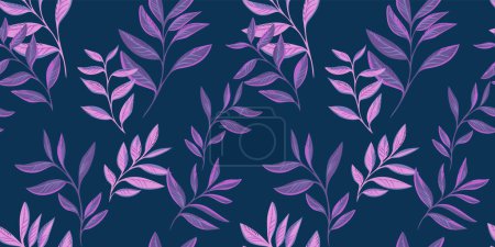 Artistic abstract leaf stem seamless pattern. Vector hand drawn. Simple dark blue background with purple branches leaves on a print. Collage template for designs, textile, fabric