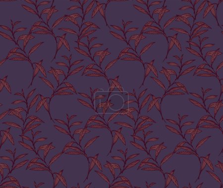 Foto de Patrón inconsútil violeta oscuro con tallo de hojas artísticas abstractas. Impresión creativa de ramas de hojas monocromas. Plantilla Collage para diseños, textil, moda, tela - Imagen libre de derechos