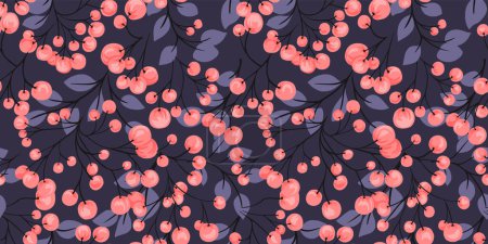 Illustration for Artistic abstract branches with shapes orange berries intertwined in a seamless pattern on a black background. Vector hand drawn illustration. Colorful botanical autumn print. Collage for designs - Royalty Free Image