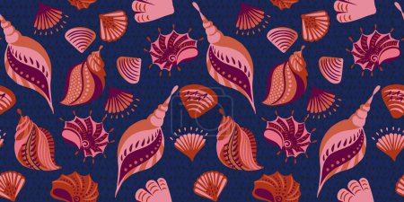 Foto de Coloridas conchas de mar artísticas abstractas patrón sin costuras sobre un fondo azul oscuro. Vector dibujado a mano. Impresión bajo el agua. Plantilla para diseños, textil, portada de cuaderno, papel de envolver, exótico - Imagen libre de derechos