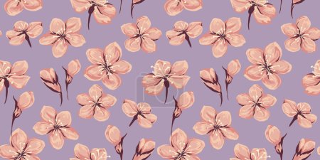Foto de Pastel púrpura minimalista flores de flor silvestre y brotes patrón sin costura. Dibujo dibujado a mano vectorial. Pincel abstracto artístico impresión floral. Plantilla de ilustración para diseños, tela, moda - Imagen libre de derechos