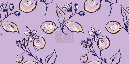Foto de Patrón simple púrpura sin costuras con ramas florales creativas abstractas con limones, lima, hojas, brotes diminutos. Dibujo dibujado a mano vectorial. Ilustración de frutas de verano para imprimir. Plantilla para diseños - Imagen libre de derechos
