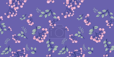 Illustration for Abstract branches of berries with leaves scattered randomly in a seamless violet pattern. Vector drawn hand. Stylized juniper, boxwood, viburnum, barberry printing. Template for designs - Royalty Free Image